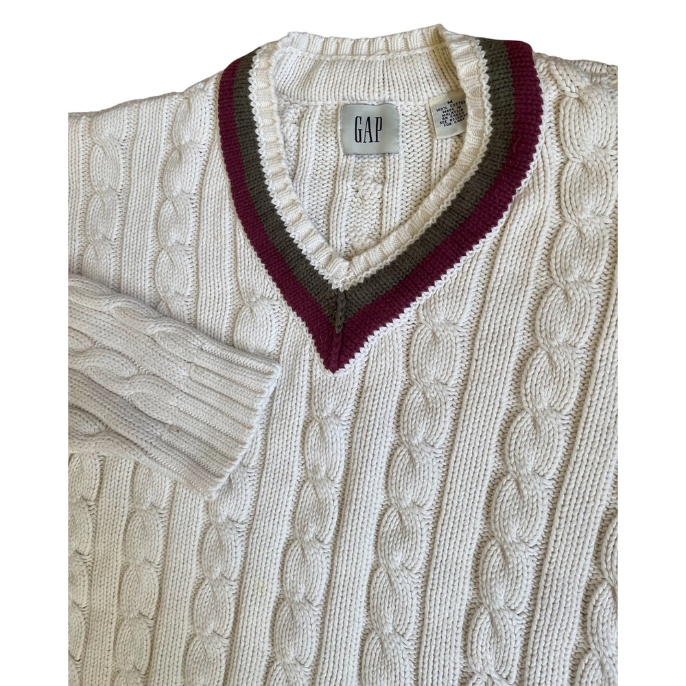 Vintage Gap Mens Cable Knit Sweater Cream White V-Neck Varsity Preppy Cotton M